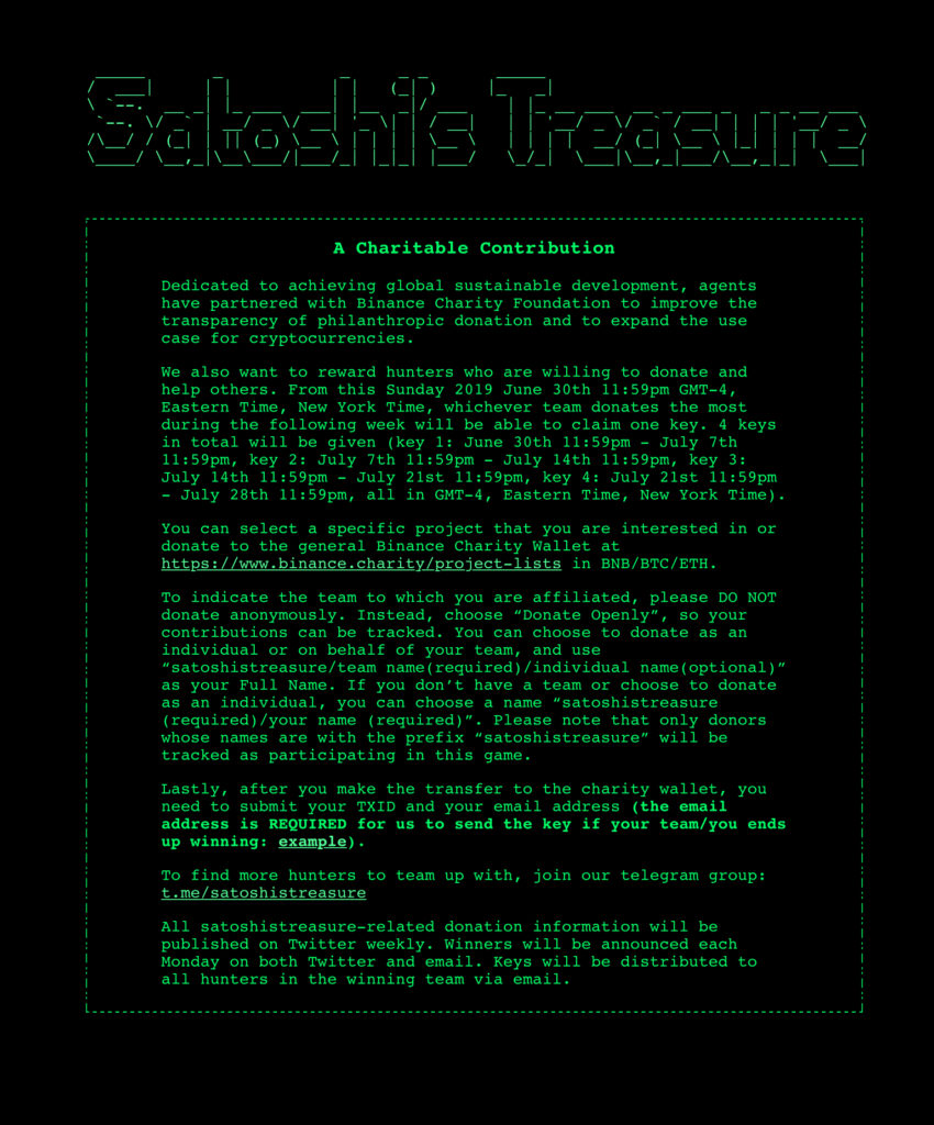 Satoshi’s Treasure June 26, 2019